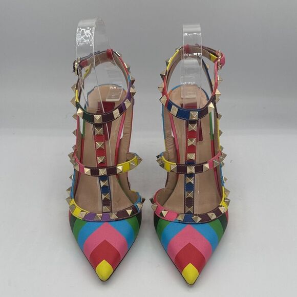 Valentino Garavani 1973 Rainbow Chevron Rockstud T-Strap Heels EU37.5/ US 7.5 - Picture 2 of 16